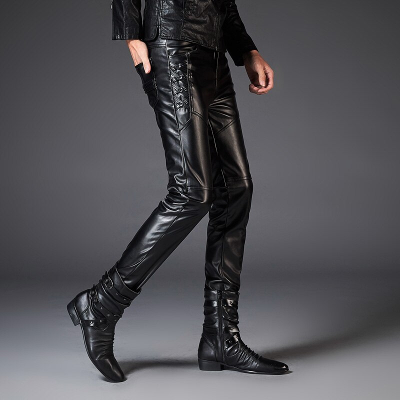 Pantalones de cuero Punk Rock para hombre, pantalones informales ajustados de cuero PU para motocicleta, ropa de calle, hip hop
