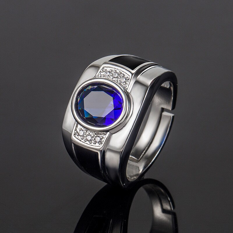 DAIWUJAN Luxury Blue Crystal Adjustable Ring for Men Hiphop Silver Color Cubic Zircon Sapphire Ring Male Party Accessories: Default Title