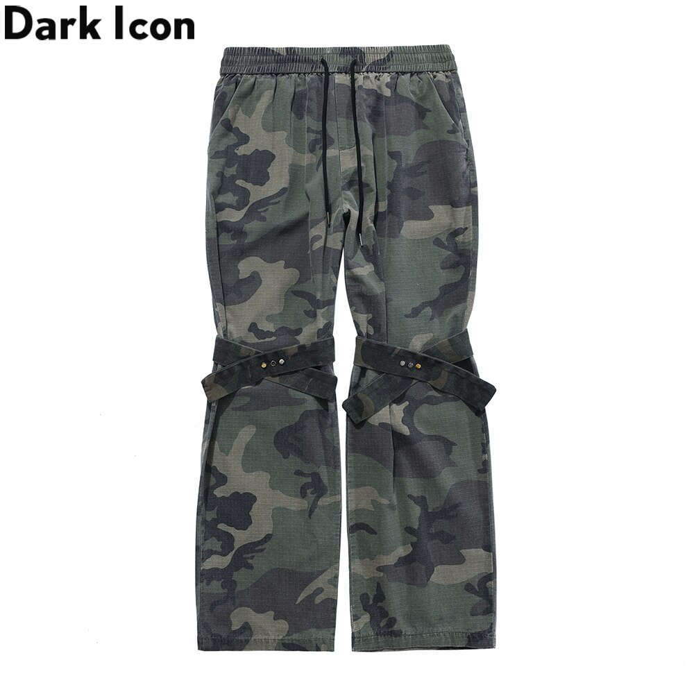 Dark Icon Knee with Band Camouflage Flare Pants Men Elastic Waist Camo Men's Pants 2 Colors