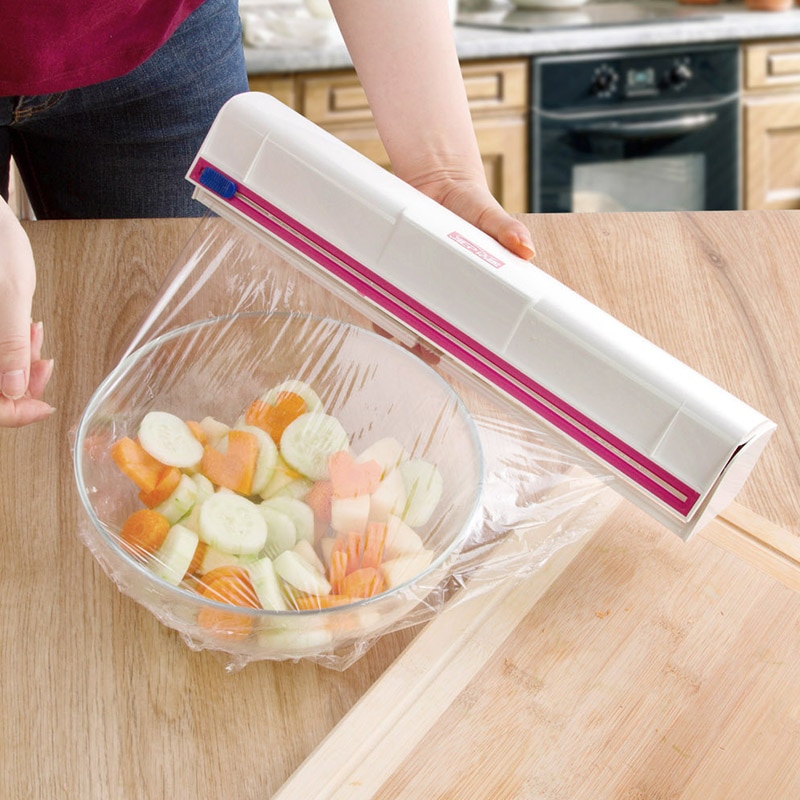 Kitchen Preservative Film Sliding Blade Cutter Box Magic Food Fresh Keeping Plastic Cling Wrap Dispenser Storage Container WY5: Default Title