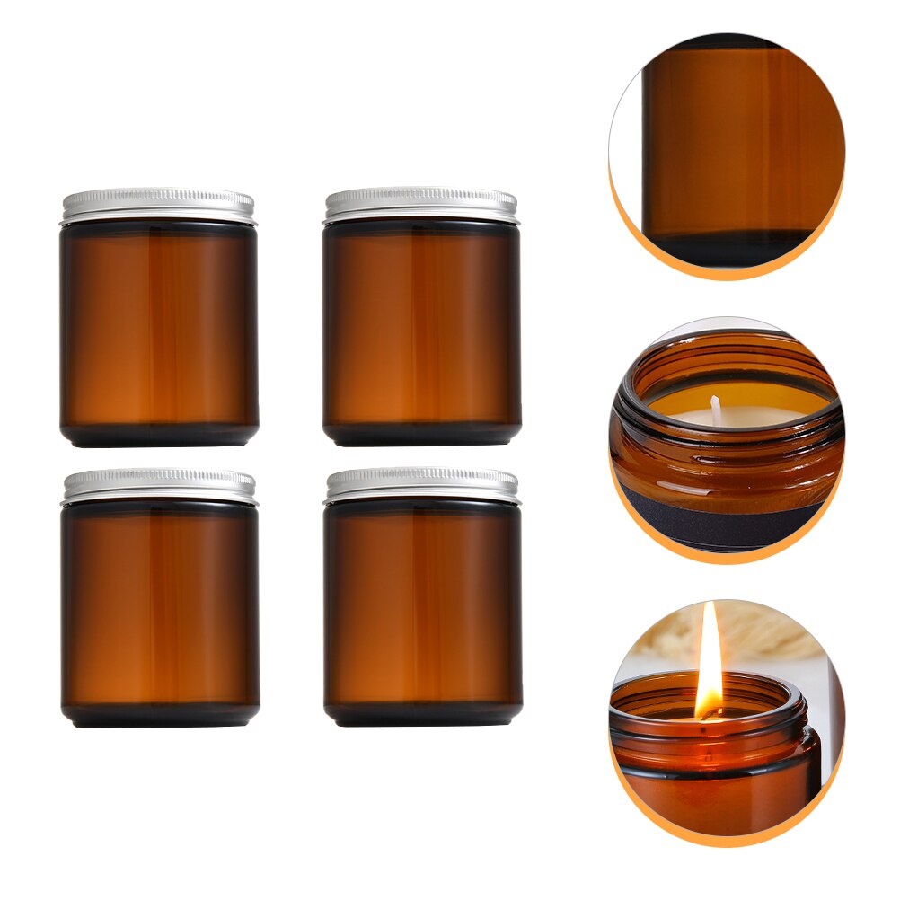 Bocaux en verre ambre, 6 pièces, tasses à bougies en cire rechargeables, bougeoirs vides avec couvercle: 9X7.3X7.3CM