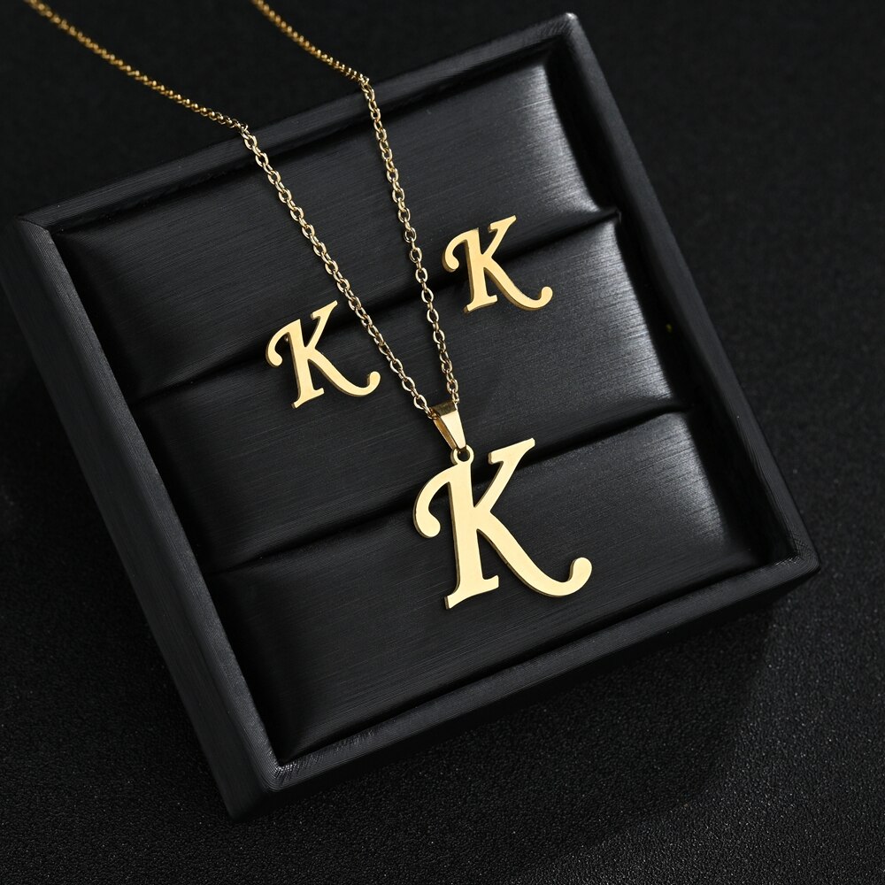 A-Z Edelstahl Ersten Halskette Und Ohrringe Schmuck Sets Alphabet Anhänger Kette Brief Zubehör: K