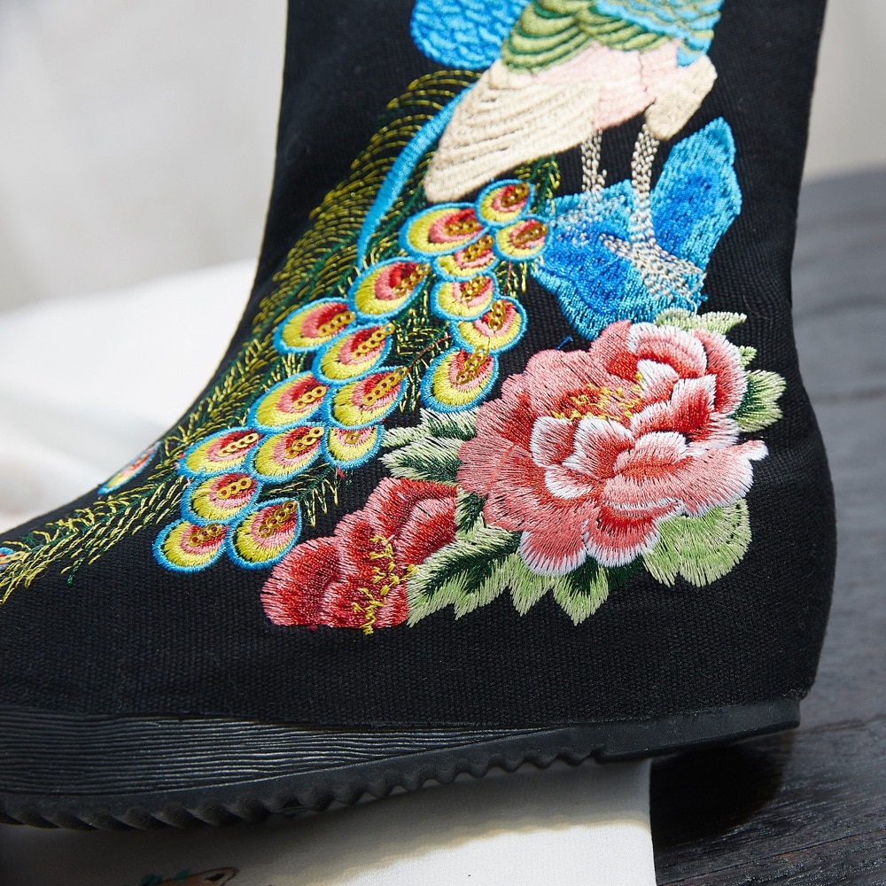 Veowalk Pailletten Pauw Geborduurde Vrouwen Katoen Korte Laarzen Verborgen Wedge Platform Comfortabele Herfst Schoenen Voor Dames