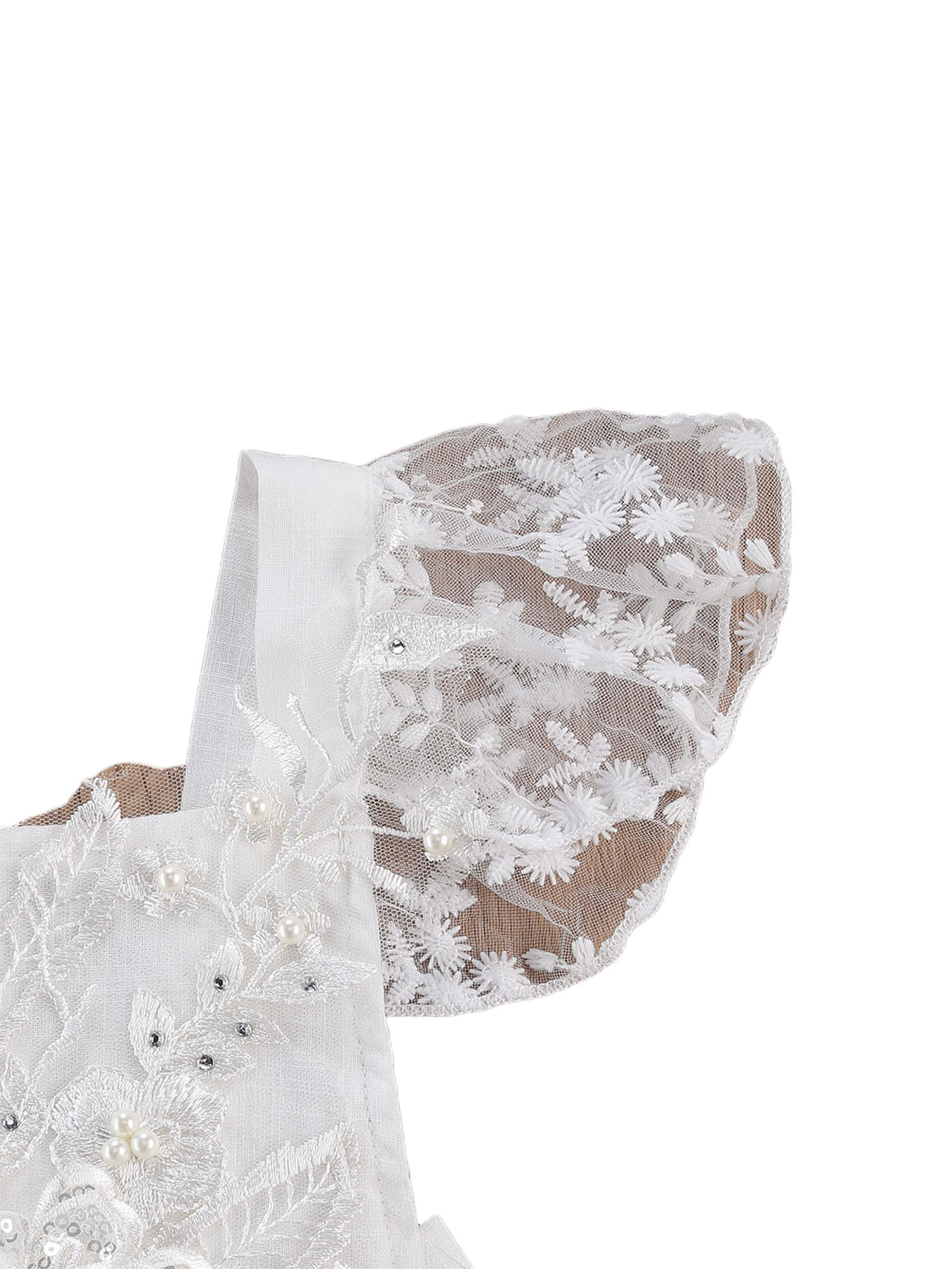 Baby Girl's Lace 3D Flower Embroidery Pearl Sweet Princess Romper, White Square Collar Falbala Flying Sleeve Jumpsuit