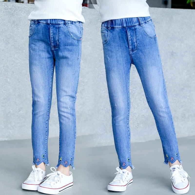 Børn sommer jeans til teenagere pige bogstav print denim bukser til piger jeans bukser til kvindelige børn skole pige tøj 4-13