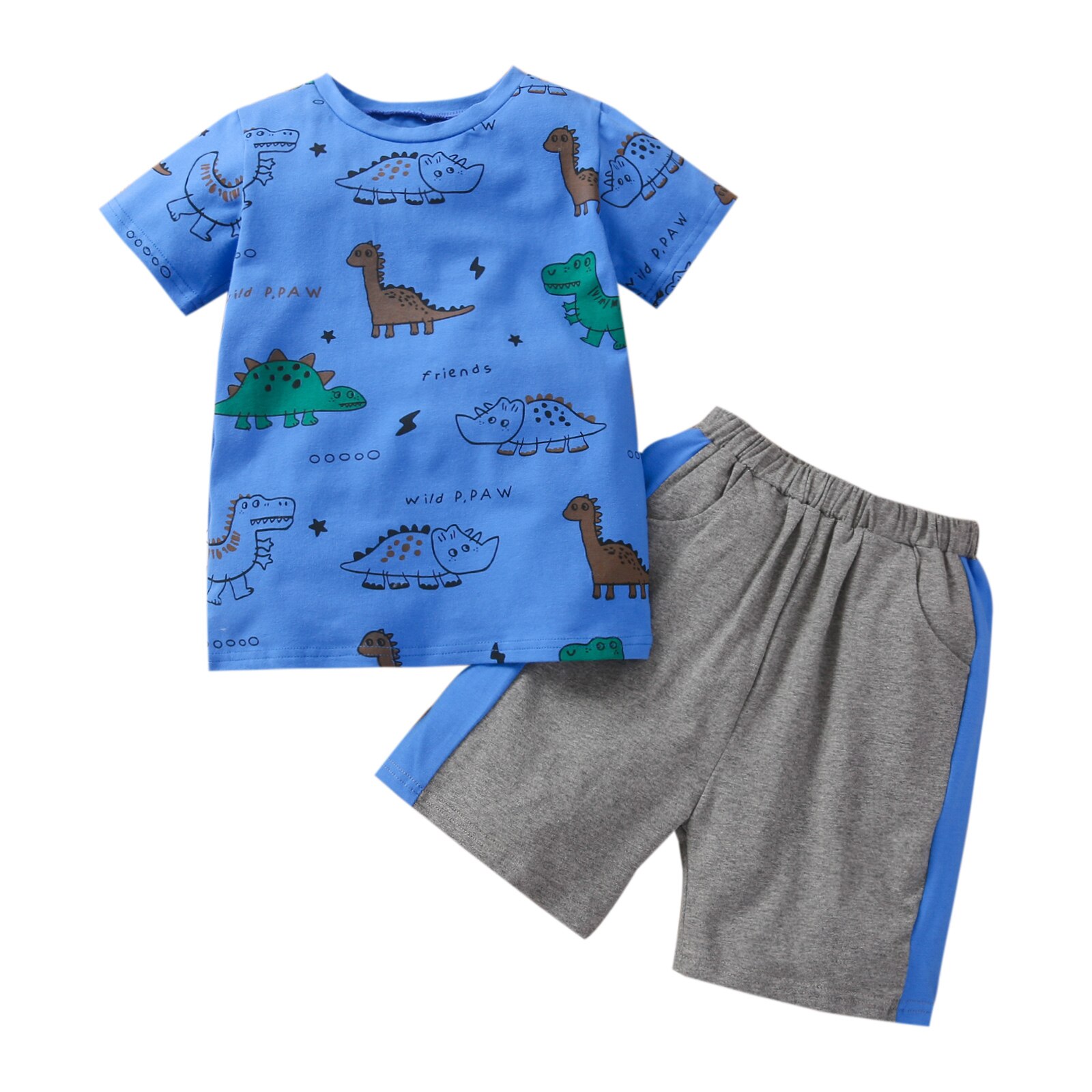 2Pcs Fashionable Little Boys Outfit, Summer Toddlers Round Collar Dinosaur Printing Short Sleeve Top + Casual Shorts Set