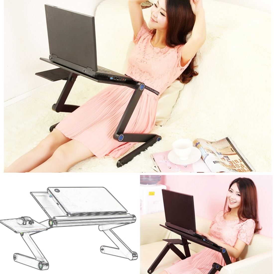 Portable Laptop Desk Adjustable Notebook Desk Aluminum Bed Lapdesk Tray PC Table Stand Notebook Table Desk Stand With Mouse Pa