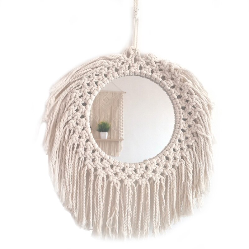 Round Cotton Rope Braided Tassel Mirror Wall Frame Decorative Hanging Makeup Mirror Ideal for Home Hanging Decoration Woven Make: C