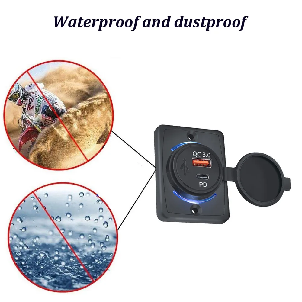 Cargador Usb Pd Qc 3,0 de carga rápida con cubierta, cargador Usb con luz Led de carga rápida resistente al agua de 38W para coches, barcos, autobuses y vehículos recreativos