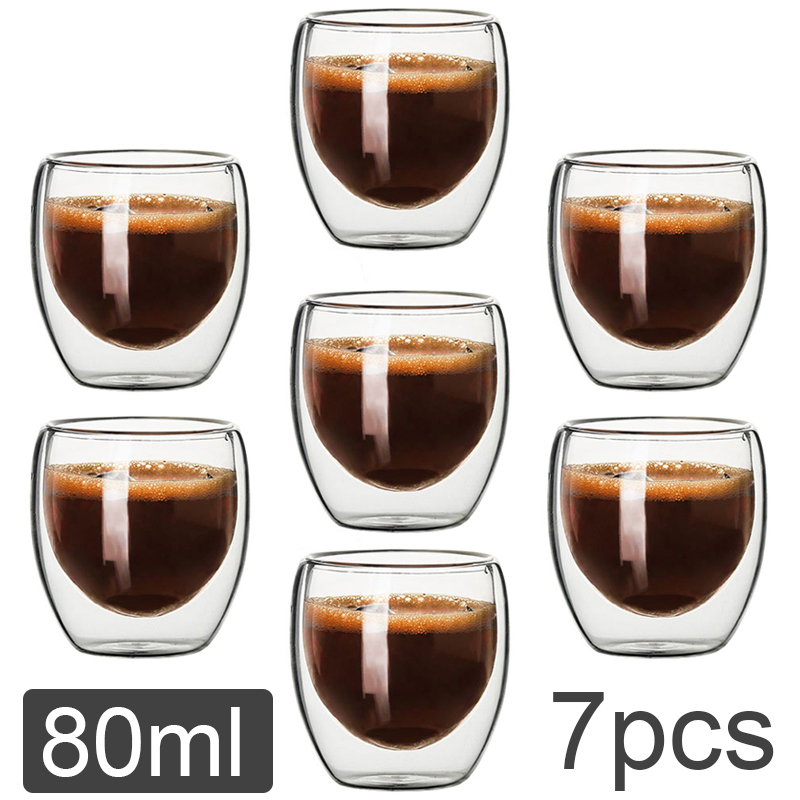 80ML Double Wall Glass Cup Transparent Handmade Heat Resistant Tea Drink Cups MINI Whisky Cup 100 centigrade Espresso Coffee Cup: 80ml x 7