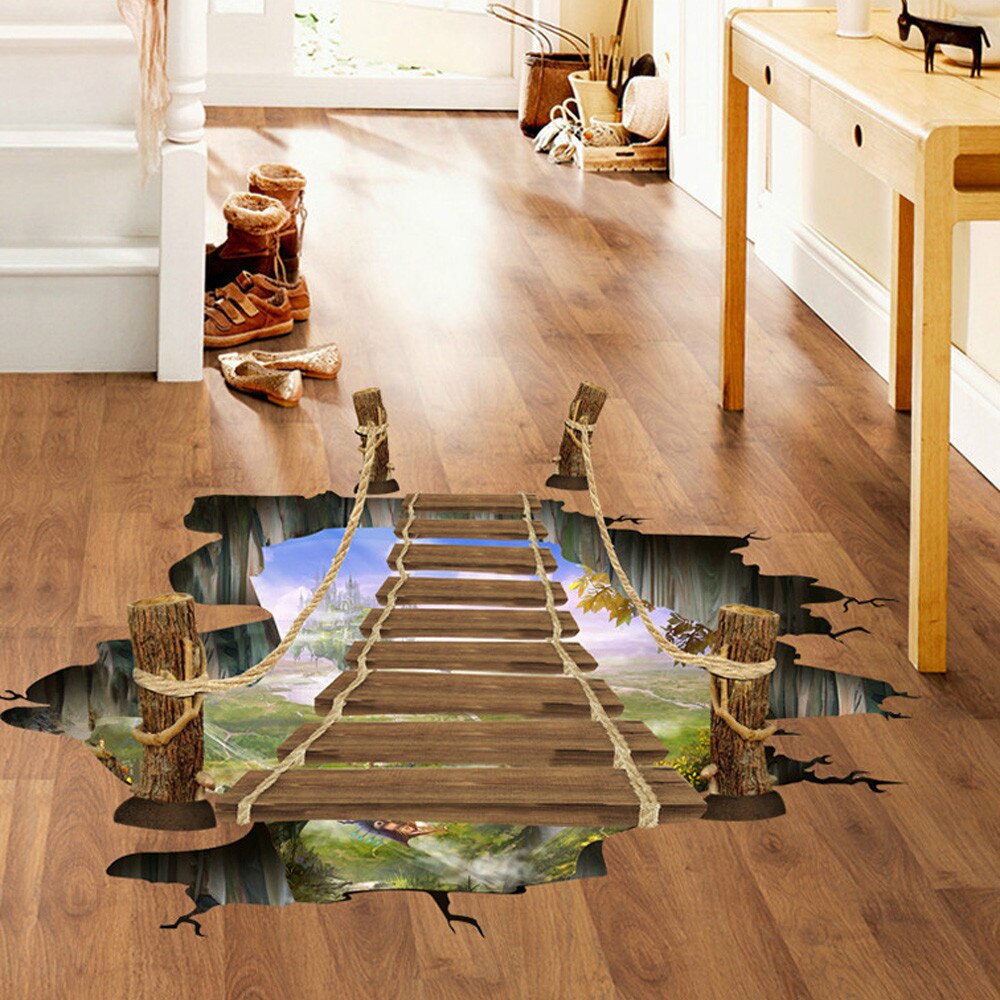 Pegatinas de suelo 3D extraíbles dibujos animados puente pegatinas de pared para niños habitaciones baño decoración autoadhesiva película Mural decoración del hogar