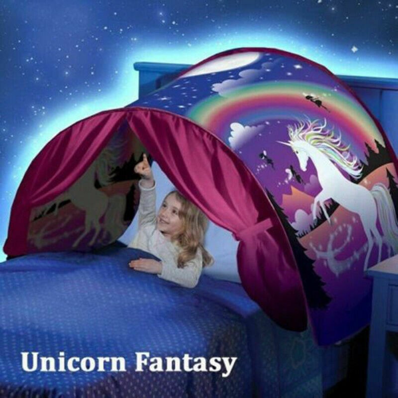 Kids Dream Bed Tents with Light Storage Pocket Children Boy Girls Night Sleeping Foldable Pop Up Mattress Tent Playhouse Unicorn