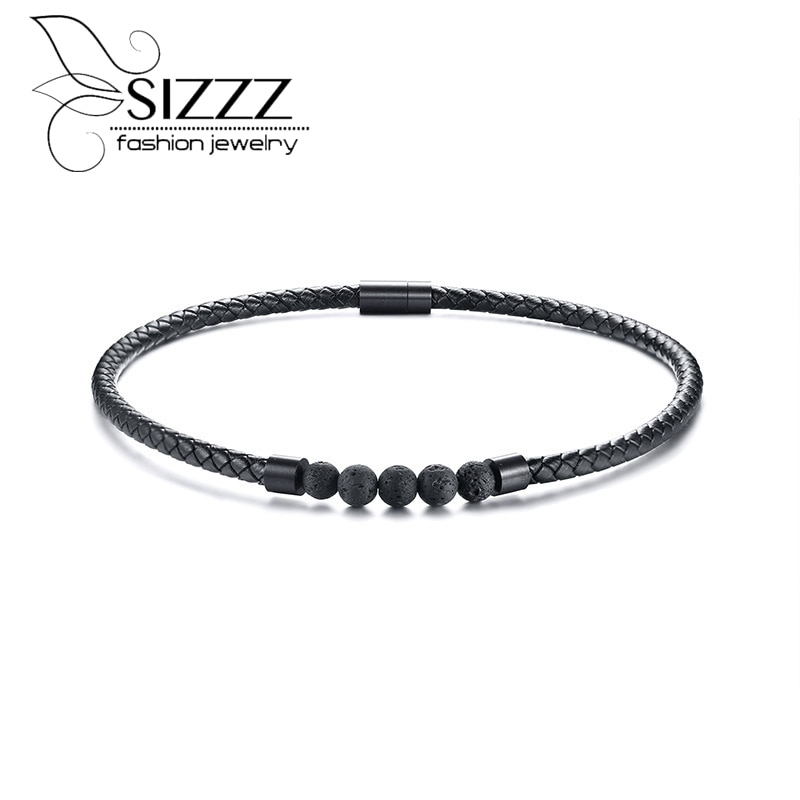 SIZZZ Stainless steel magnetic buckle stone leather collar black color necklace/torques for men