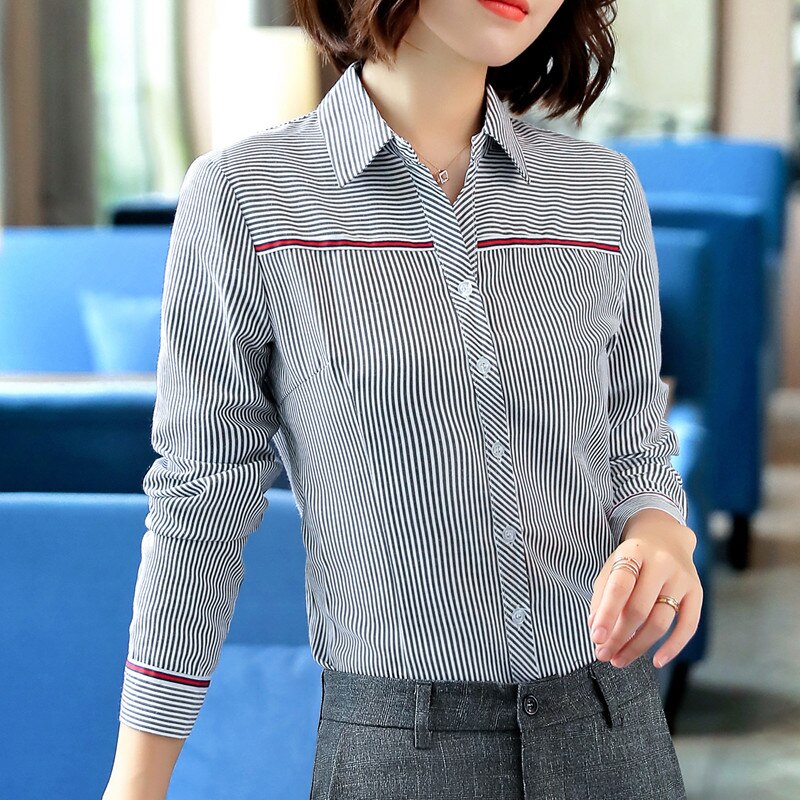 Striped Cotton Shirt Formal Business Slim Long Sleeve Blouse Women Plus Size Tops