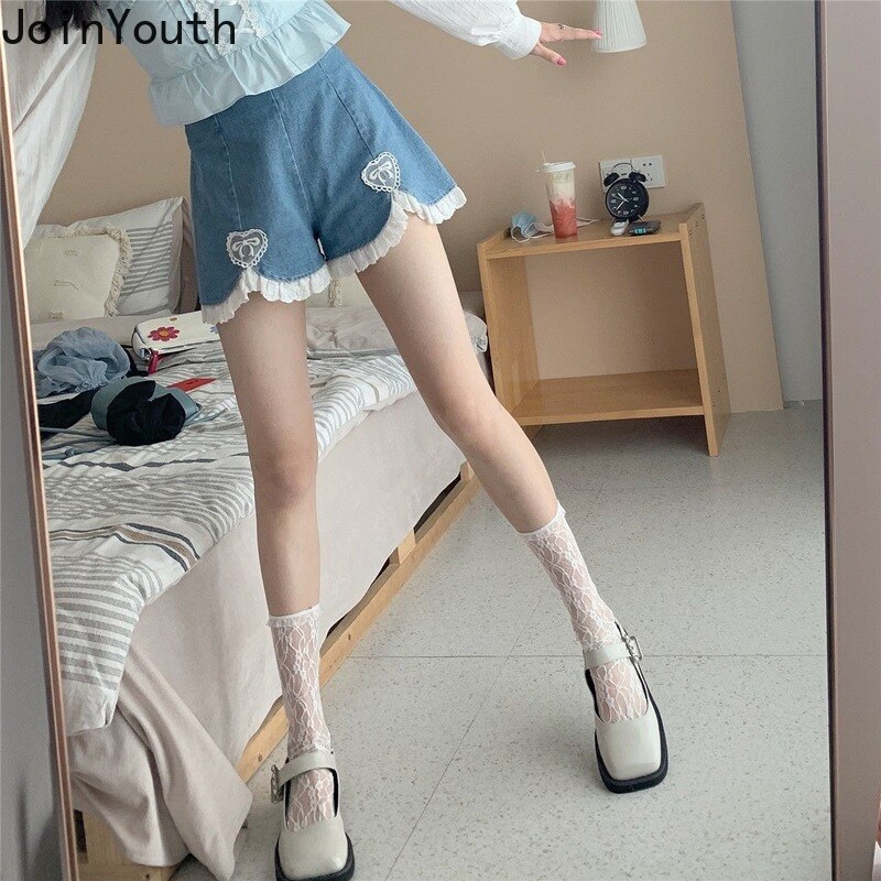 Joinyouth pantalones cortos pijo Coreano corazón Kawaii de Jean Pantalón corto de pierna ancha dulce estudiante japonés High Waisted Shorts pantalones cortos de mezclilla de las mujeres