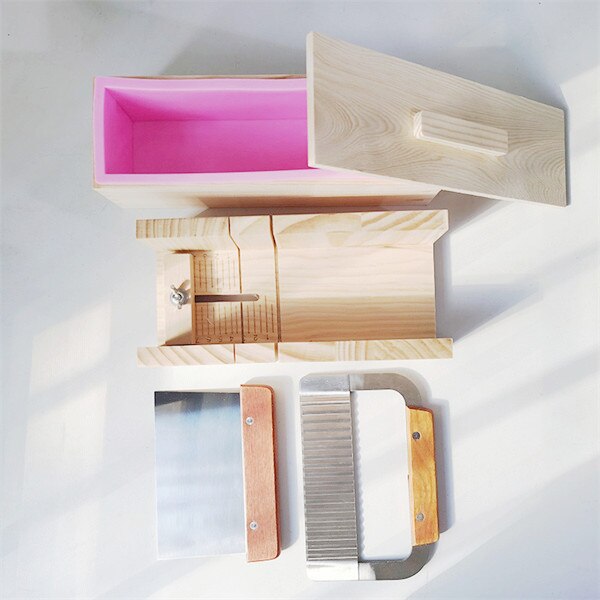 Herramientas de corte para fabricación de jabón, caja cortadora de madera + molde de silicona + cuchilla recta, Kits de cortadores de jabón DIY, suministros de jabón Manual: L-Set-S-W-L