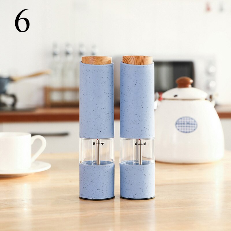 Electric Salt Pepper Grinder with LED Light Automatic Spice Mill Wheat Straw Grinders Shaker Adjustable Coarseness Ceramic Core: 2Pcs Blue