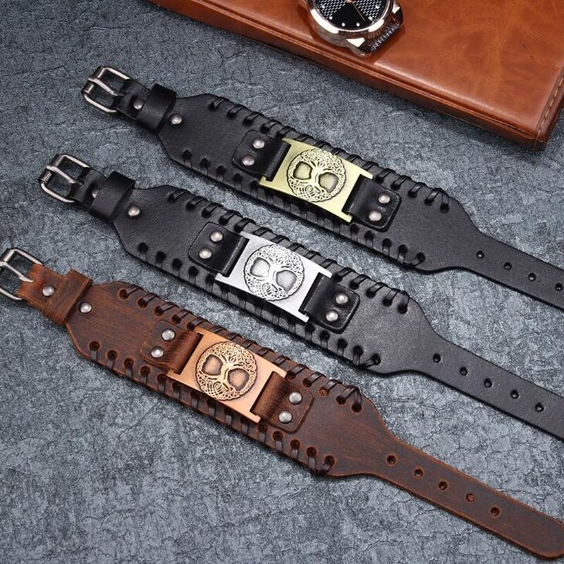 Boom Van Het Leven Metalen Bedelarmband Brede Gevlochten Lederen Vintage Armbanden Voor Mannen Sieraden