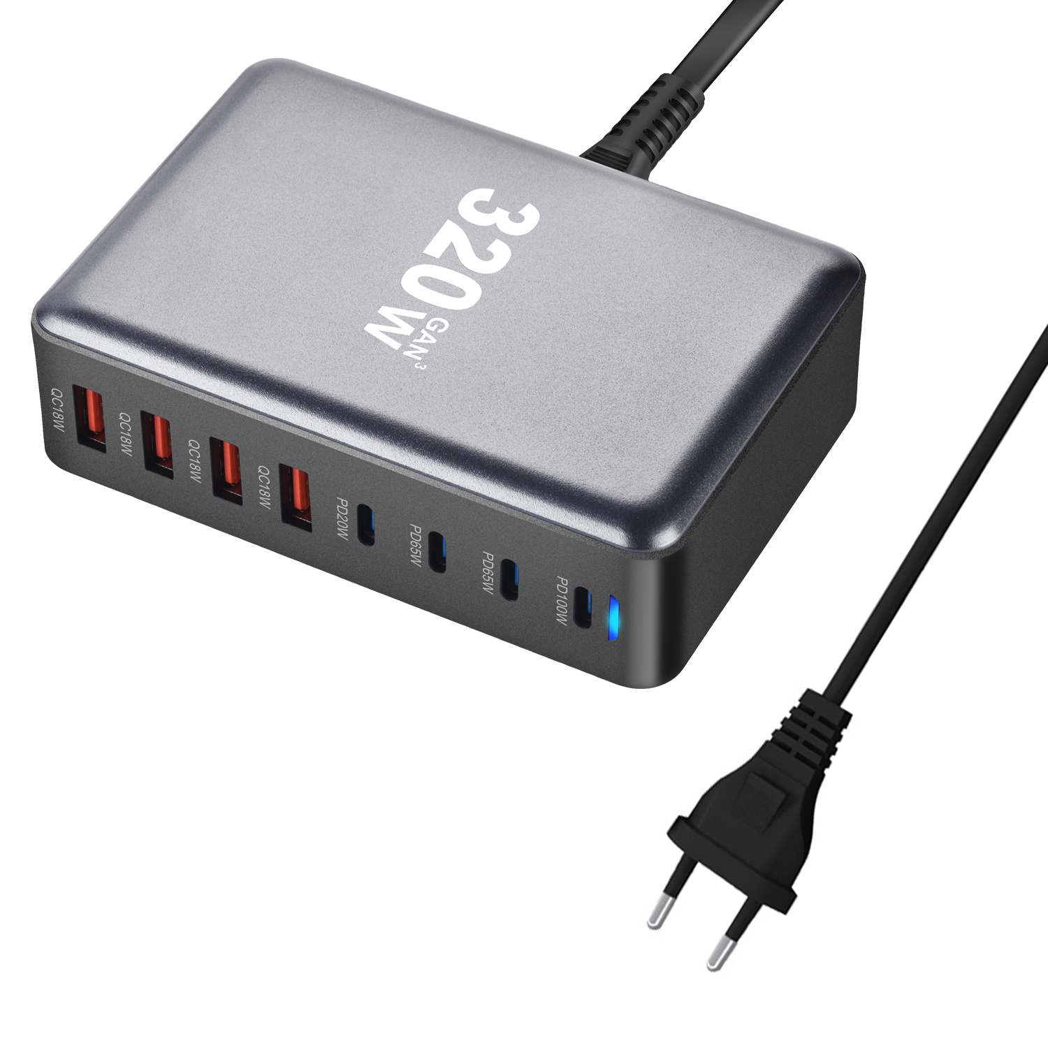 Cargador GaN de escritorio rápido USB C de 320W, cargador PD USB tipo C de 8 puertos, carga rápida 3,0 USB tipo C, cargador rápido para móvil: CH