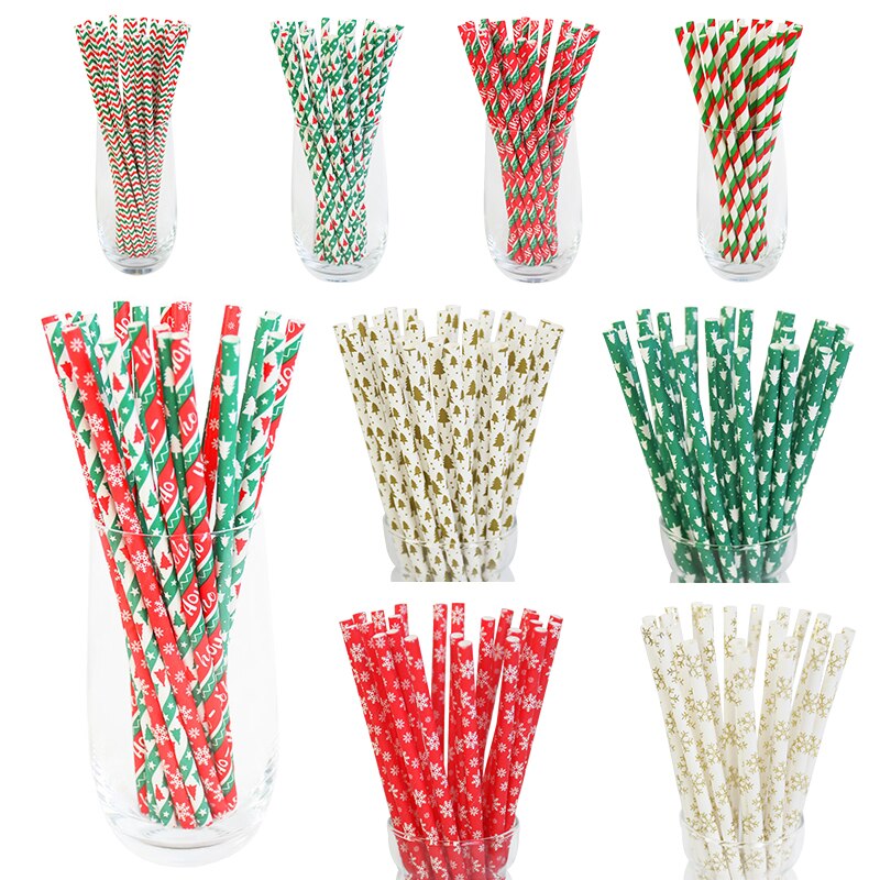 25 stuks kerst gestreepte papieren rietjes sneeuwvlok rietjes dinertafeldecoratie voor thuis jaar banket feestbenodigdheden navidad