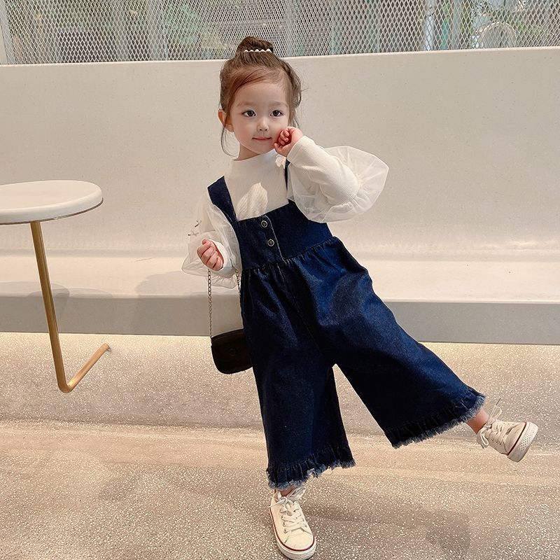 Monos de mezclilla para niñas, peto holgado informal azul para niños, pantalones vaqueros de pierna ancha, ropa para bebés, monos de estilo coreano: 12 meses