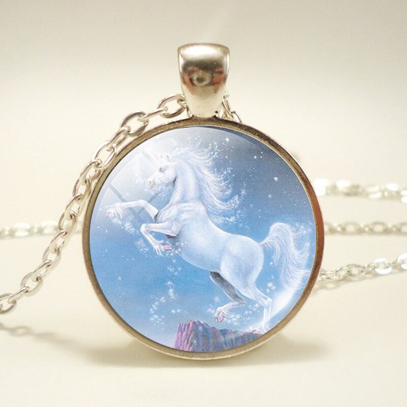 NPKDS di Modo Nuovo Collana In Lega di Zinco di Vetro Del Pendente Rotondo. Unicorn Tempo Gioiello Della Catena Del Maglione Preferito Regalo Di Compleanno: unicorn