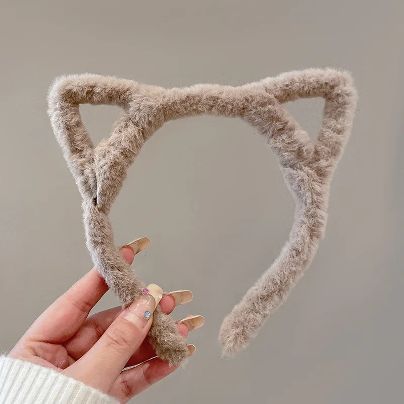Cat Ears Womens Headband Woolen Velvet Hair Band Headwear Girl Wash Up Plush Hair Hoop Hair Accessories Autumn And Winter: GRAY