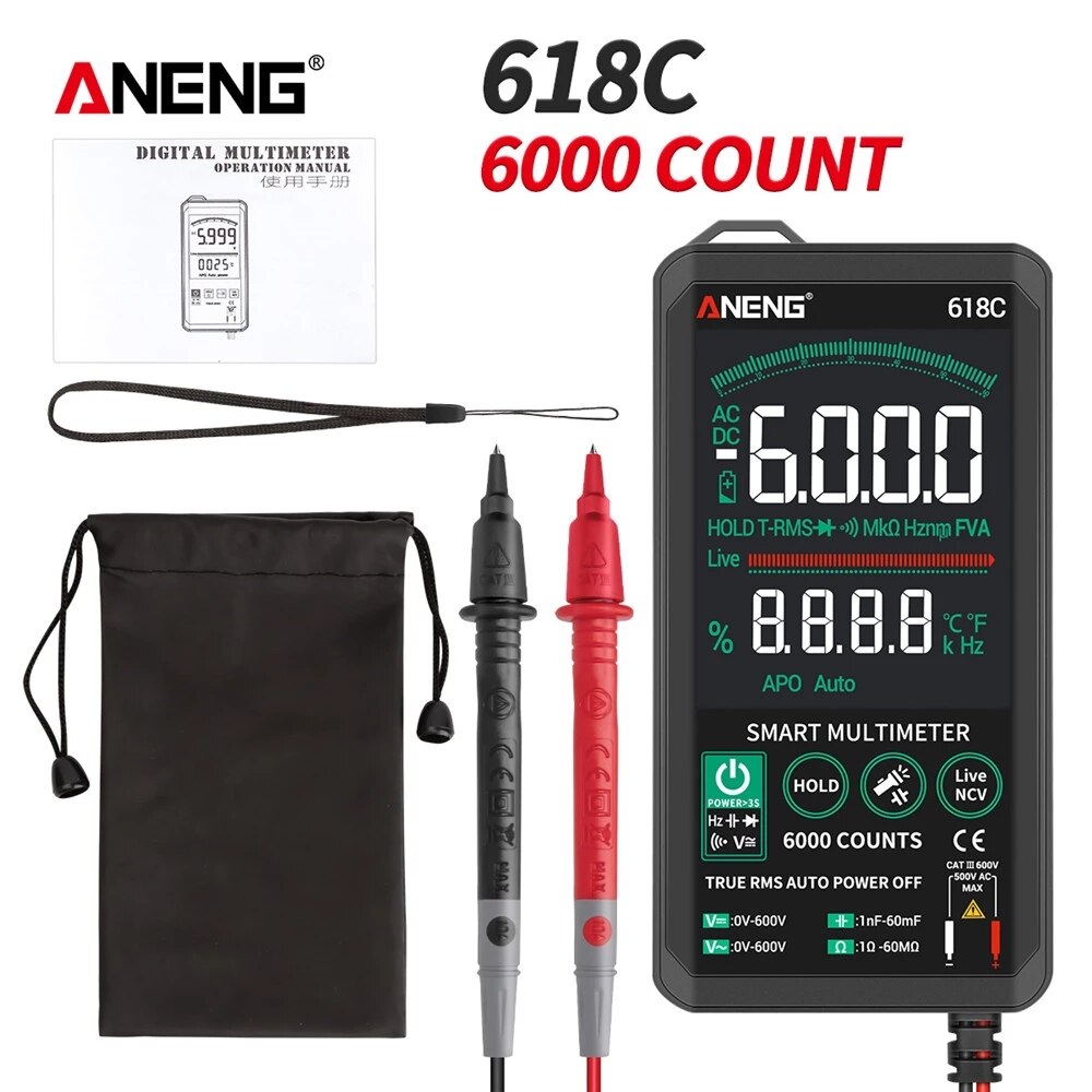 Aneng 618C Smart Touch Digitale Multimeter Professionele Transistor Condensator Ncv Testers Meter Dc Analoge Bar True Rms Auto Tester: 618C