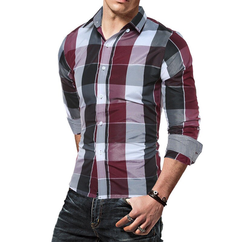 Moda masculina xadrez casual bonito blusa masculina fino ajuste camisas de manga longa algodão xadrez t camisas casual chemise homme