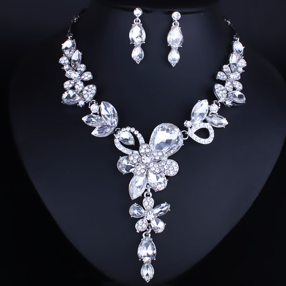 Jewelry Silver plated Crystal Rhinestones Necklace and Earrings set Women Bridal Wedding Jewelry sets