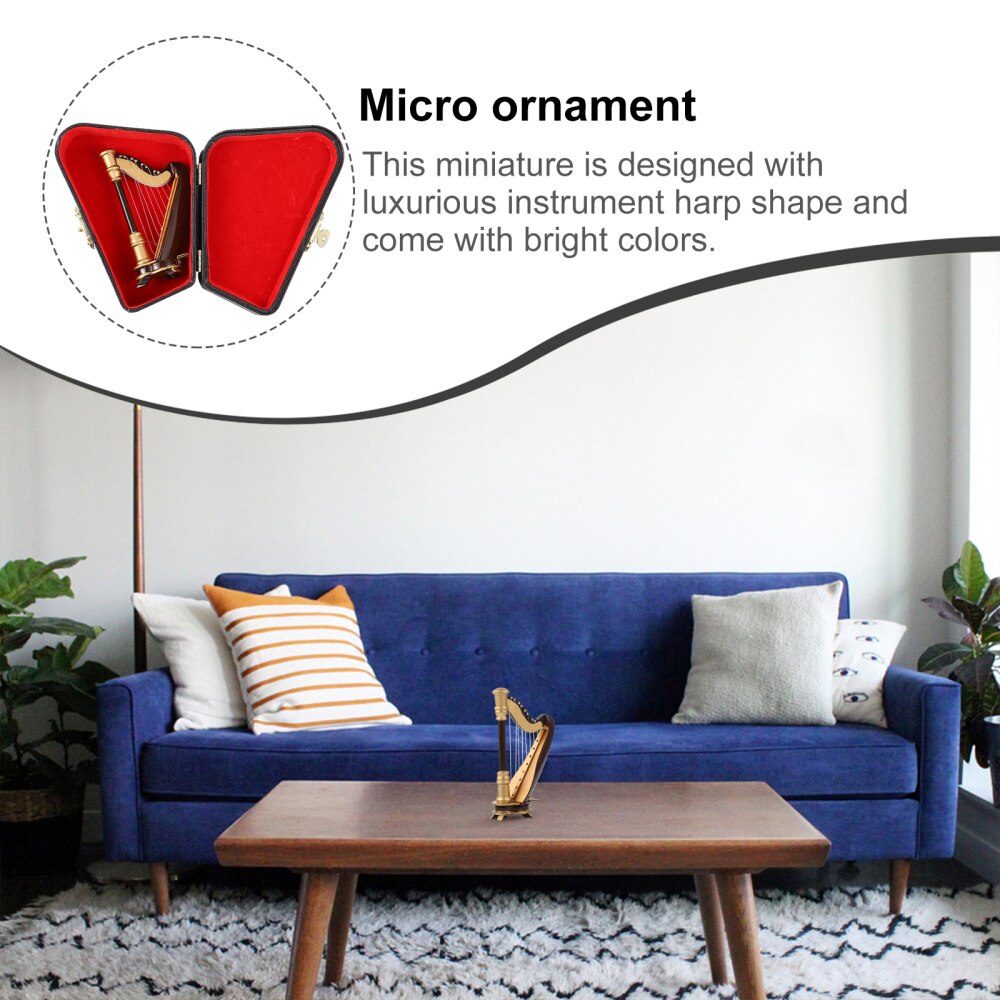 1Pcs Exquisite Miniature Harp Instrument Office Decor Mini Musical Harp Replica Harp with Storage Box