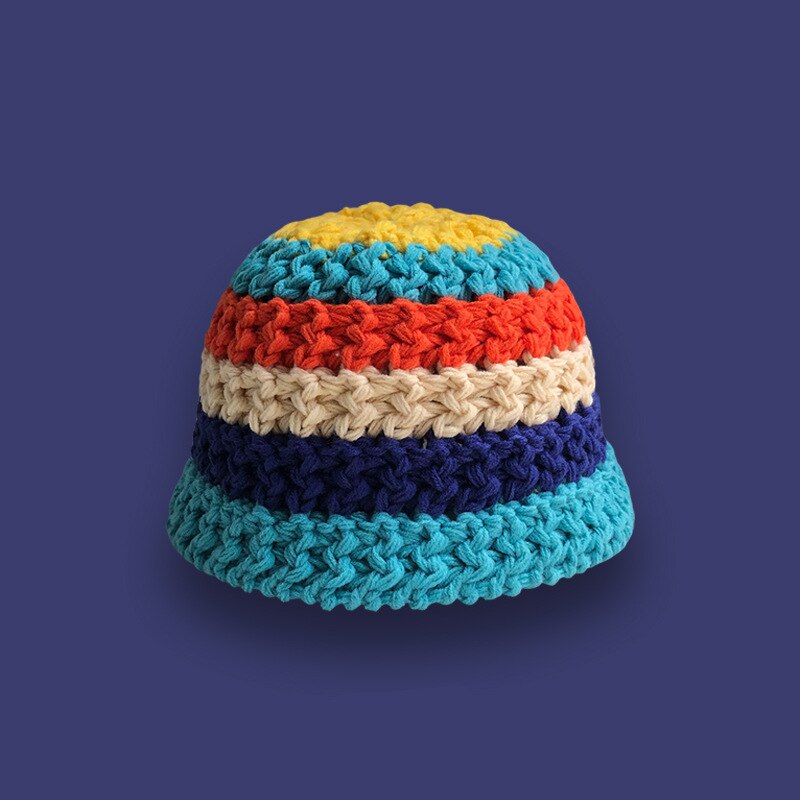 2022 Zomer Mode Regenboog Gestreepte Pot Hoed Japanse Bell-Vormige Hoeden Vrouwen Gehaakte Outdoor Opvouwbare Strand Cap Zomer Gorras: Blue