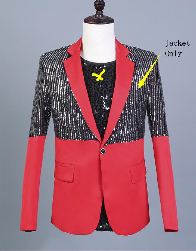 Réflecteur rouge noir épissage Costume veste hommes paillettes Blazers scène vêtements Bar discothèque DJ chanteur hôte Performance Costume: XL