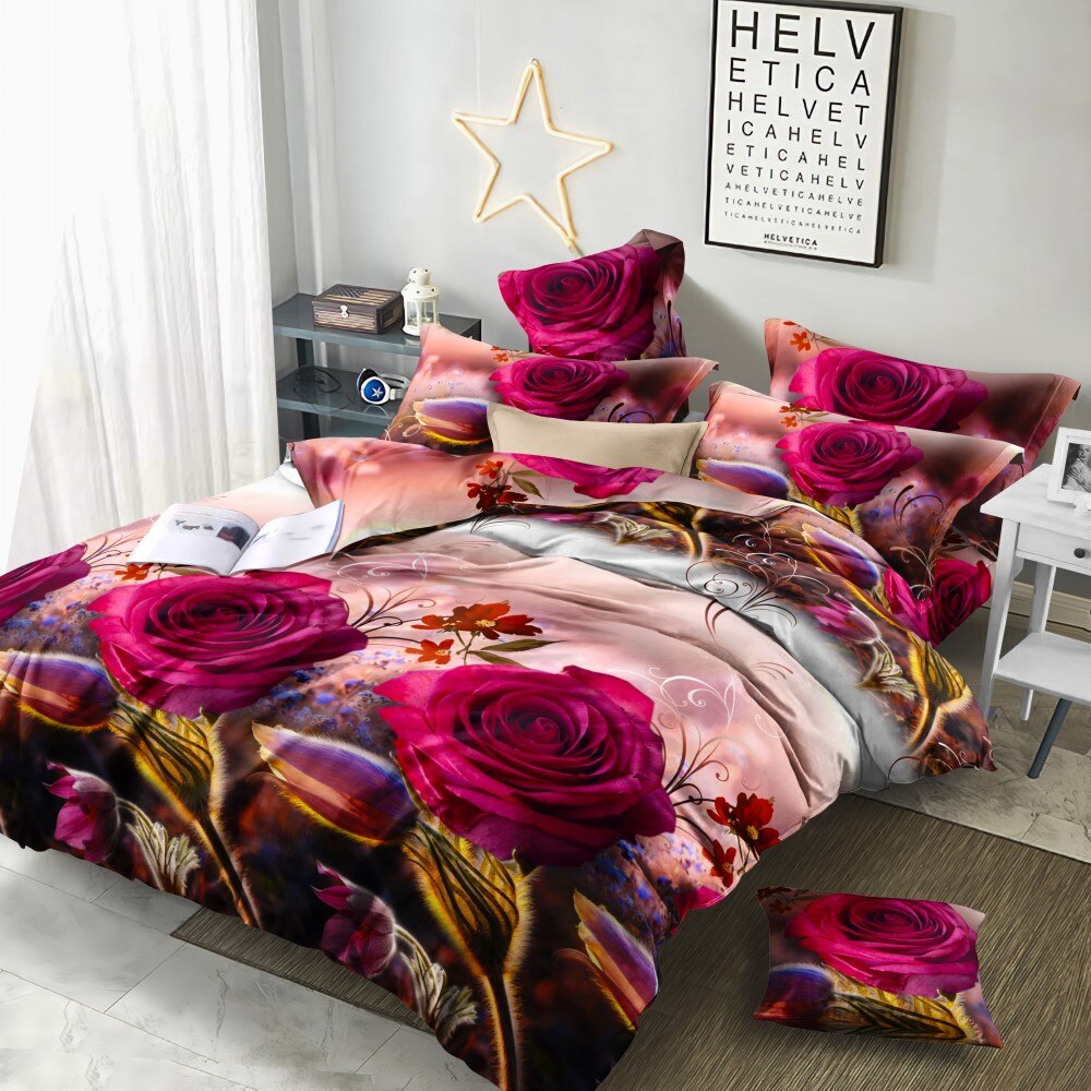 Pink rose blomster sengesæt dynebetræk sæt 3d print sengelinned dynebetræk med pudebetræk queen king size hjemmesengetøj: 3