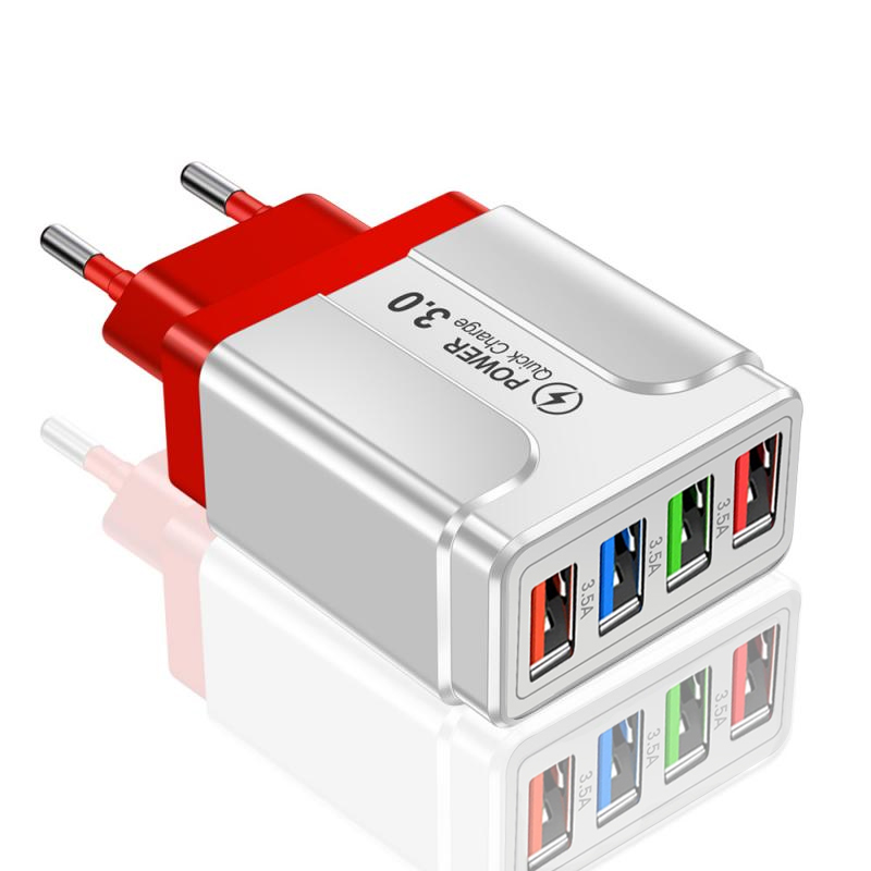 45W USB phone Charger 4 Ports QC3.0 Quick Charge 3.0 4.0 Universal Wall Fast Charging Adapter For iPhone Mobile Phone Chargers: Red EU