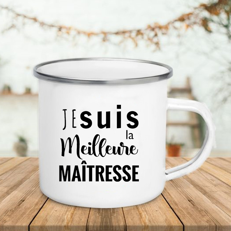 Taza de esmalte con estampado francés, tazas creativas de café, té, bebidas, postre, desayuno, leche, ASA, vasos, los mejores para profesores: XH3770-A015WH-8