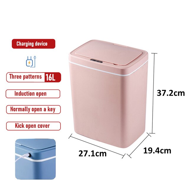 16L Intelligent Trash Can Automatic Sensor Dustbin Sensor Electric Waste Bin Home Rubbish Can For Bedroom Kitchen Bathroom Garba: USB charge pink