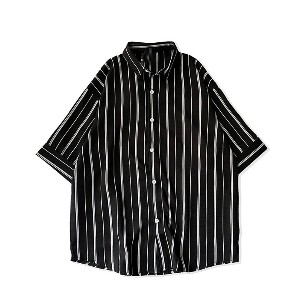 Striped Short Sleeves Turn-down Collar -Shoulder Men Loose Top Shirt Men's Clothing