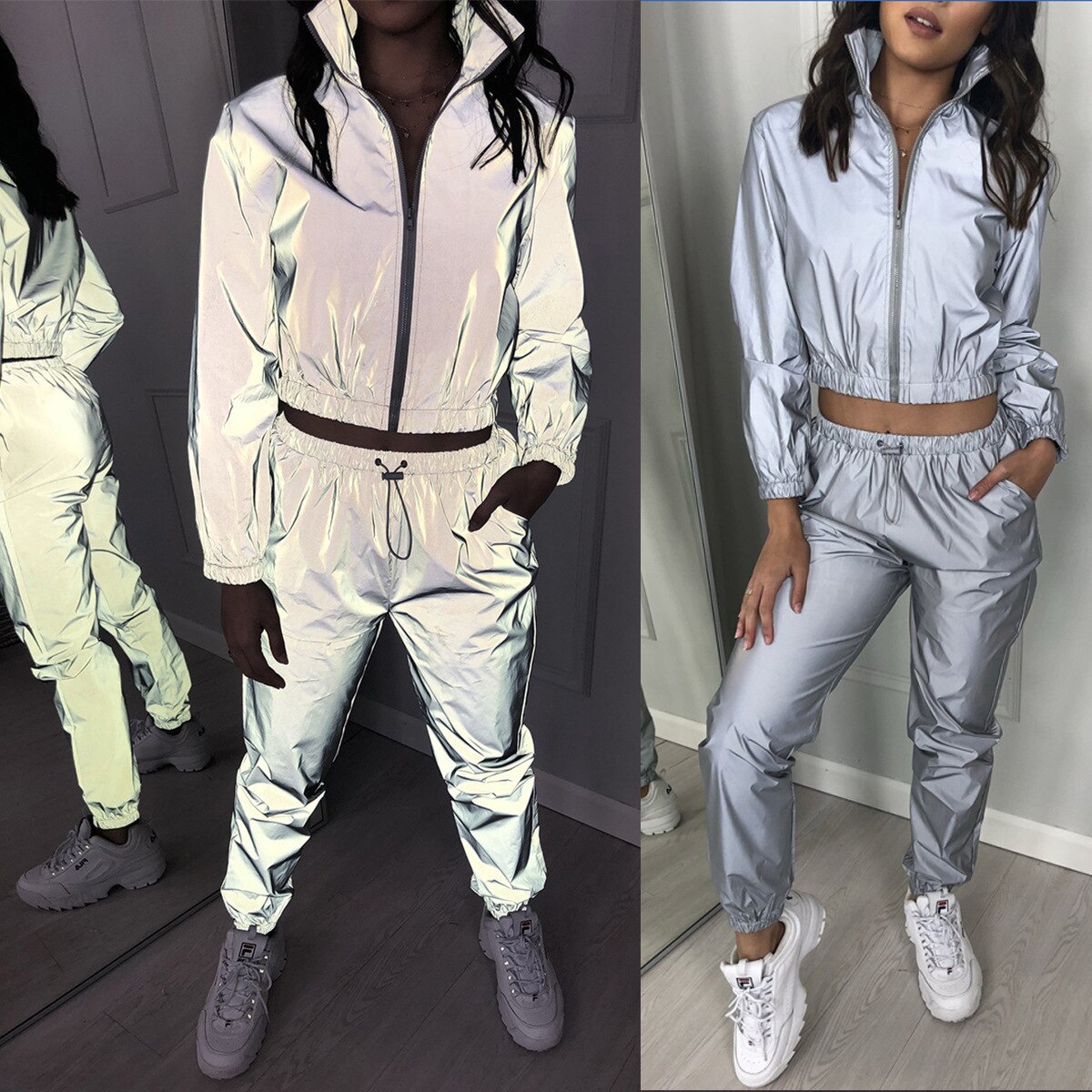 Harajuku – vêtements de sport réfléchissants pour femmes, survêtement deux pièces ample, décontracté, grande taille