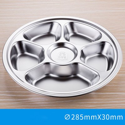 304 Stainless Steel Plate Round Shape Dining Restaurant Tray Thickened Round Separator Plate: 28.5cm Six Grid