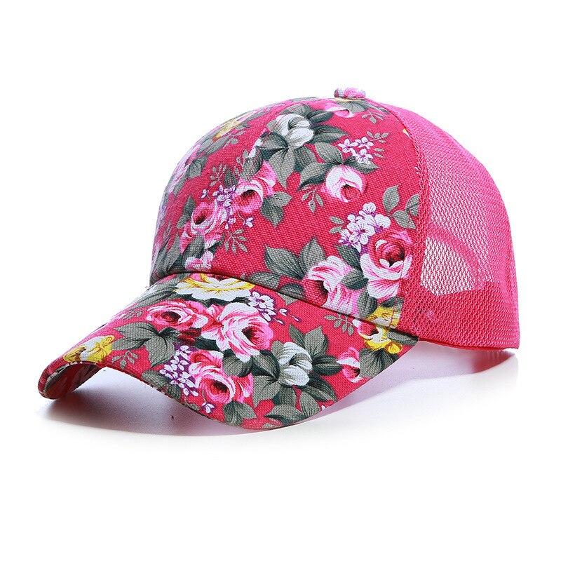 Womens Zomer Caps Netto Trucker Hoed met Gedrukte Bloemen Zwart Rood Blauw Paars: hot pink