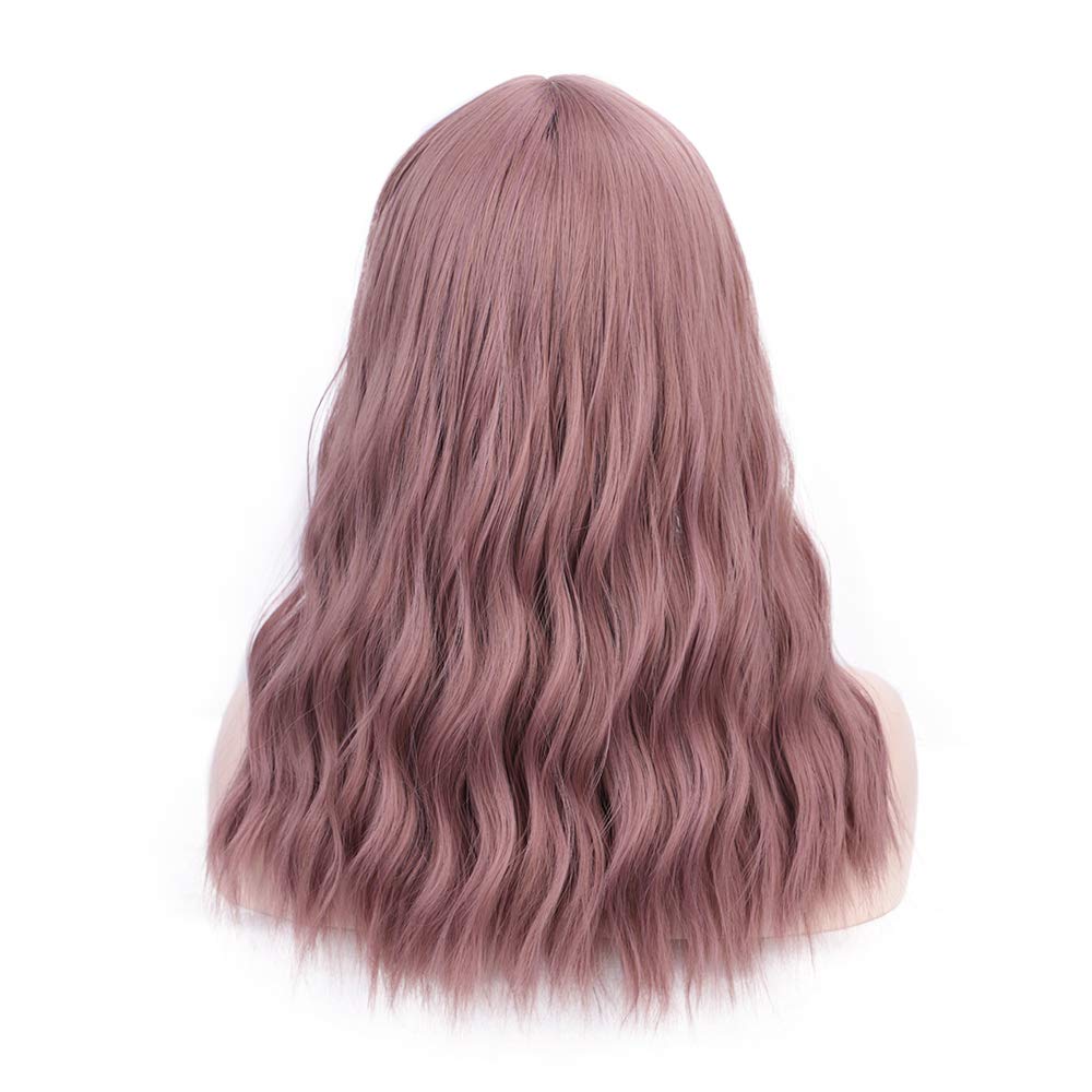 Peluca de ondas naturales gloriosas estampada, peluca rosa con flequillo, pelucas de pelo largo sintético para mujeres, pelo de fibra resistente al calor de alta temperatura