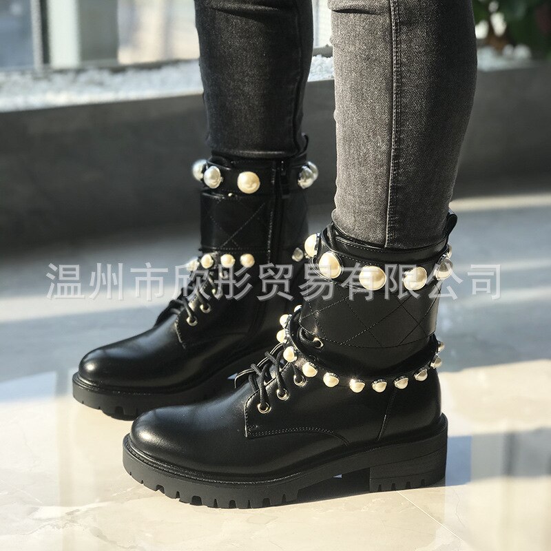 PRETO BRANCO grande taille grande perle bottes chevalier orteil ceinture boucle bottes courtes chaussures pour femmes botte GYY-NC1065