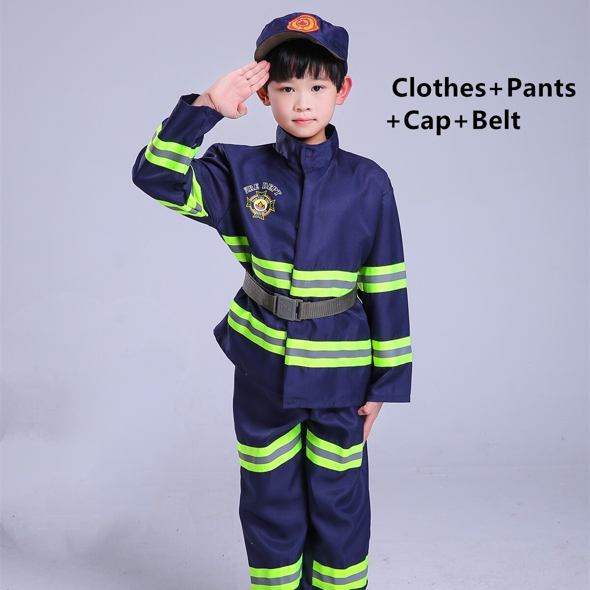 Feuerwehrmann Cosplay Halloween Kostüme für Kinder Kinder Feuer Polizei Kleidung Feuerwehrmann Uniform für Jungen Kostüm Set 100-170CM: Blue set / 150CM height