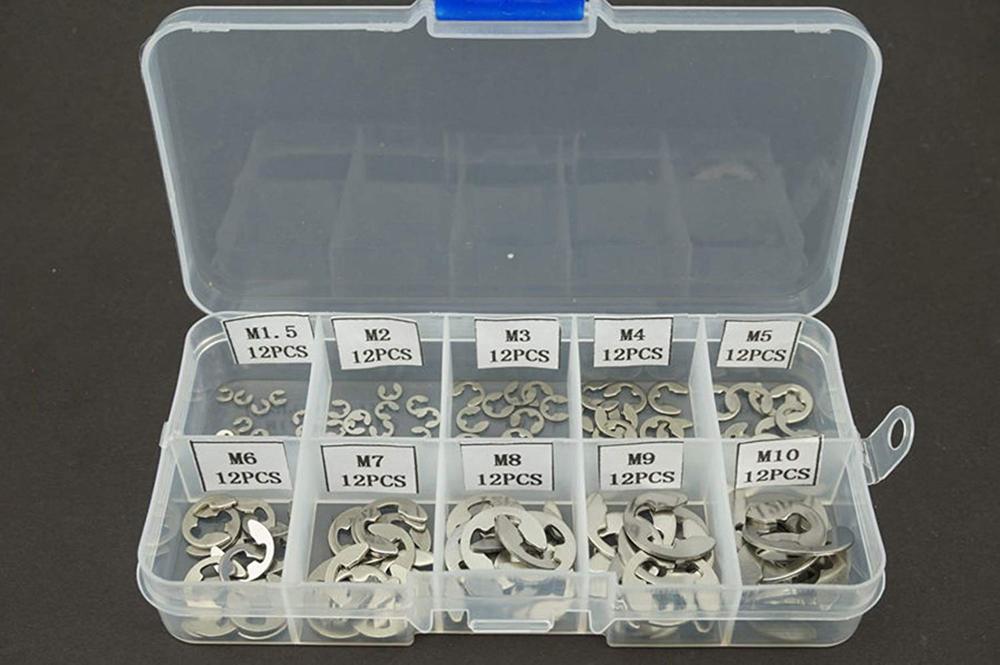 (Pack of 120Pcs), 304 Stainless Steel E-Clip Retaining Snap Ring Circlip Assortment Kit,1.5mm to 10mm (M1.5~M10)