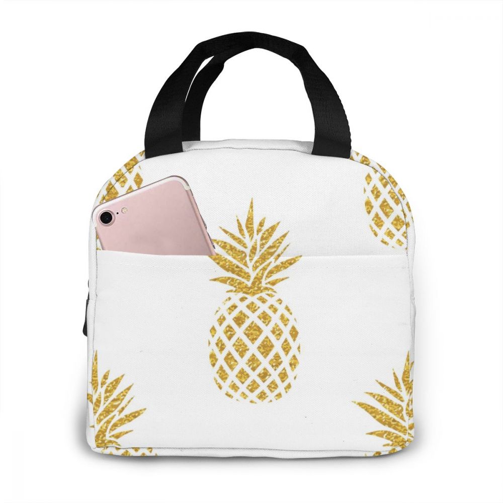 Gold Pineapple Pattern Lunch Bag Portable Insulated Thermal Cooler Bento Lunch Box Tote Picnic Storage Bag Pouch
