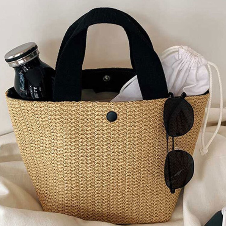 24h Ship Capacity Straw Bags Women Handmade Woven Basket Bolsa Tote Summer Bohemian Beach Bags Luxury Brand canvas Lady Handbags: Black