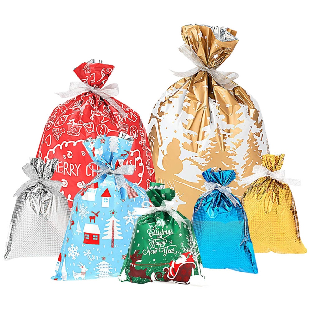 7Pcs Kerst Cadeau Inpakken Tassen Behandelt Zakken Goody Bags Met Linten