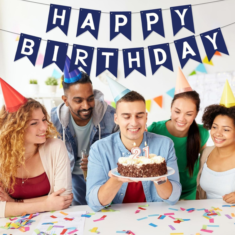 Marineblauwe Happy Birthday Banner - Blue Sign Bunting Banner voor mannen, jongen, babyshower, muur, deur, feest, theekransje decoraties