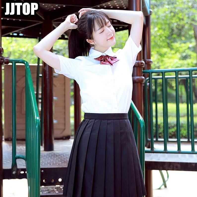 Japans schooluniform jk-shirt met korte mouwen, ronde hals en getailleerde taille | japanse orthodoxie shirt met peter pan-kraag en geplooide zwarte rok